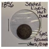 1856 Seated Liberty Half Dime, Type 2, featuring reserved stars and drapery.