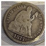 1875 Seated Liberty Dime, Type 4: features a resumed legend on the obverse.