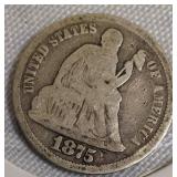 1875 Seated Liberty Dime, Type 4: features a resumed legend on the obverse.