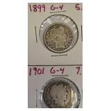 Barber Quarters from 1899 and 1901, G-4 grade; Silver