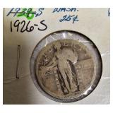 Standing Liberty Quarters from the S Mint, dated 1926 and 1927.