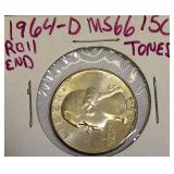 1964-D MS66 Toned Roll End and a 1964 MS66 Silver Washington Quarter