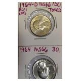 1964-D MS66 Toned Roll End and a 1964 MS66 Silver Washington Quarter
