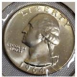 1964-D MS60 and 1964-D MS63 Silver Washington Quarters.