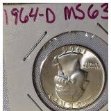 1964-D MS60 and 1964-D MS63 Silver Washington Quarters.