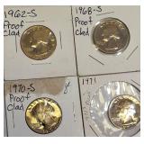 1962, 1968, 1970 - S Mint Clad Washington Proof Quarters and a 1971 Clad Washington Proof Quarter