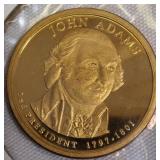 2000-S Proof Clad Dollar, 2007-S Thomas Jefferson, 2007-S James Adams, and 2011-S Andrew Johnson Clad Dollars