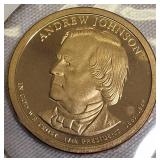 2000-S Proof Clad Dollar, 2007-S Thomas Jefferson, 2007-S James Adams, and 2011-S Andrew Johnson Clad Dollars