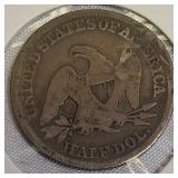 1858 Seated Liberty Half Dollar, Type 1, features no motto and no arrows.