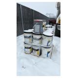 Pallet of buckets of color hardener for concrete