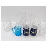 Glassware Lot: Includes vintage blue glass mug w/Humpty Dumpty, 2 large mugs and more
