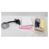 Desk Lamp w/clip, colored pencils, crayons, scissors, paper, storage tote