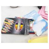 Desk Lamp w/clip, colored pencils, crayons, scissors, paper, storage tote