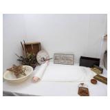 Decor Lot: Vintage/Antique Wash basin, wooden crate doilies and table runners and more