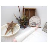 Decor Lot: Vintage/Antique Wash basin, wooden crate doilies and table runners and more