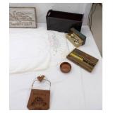 Decor Lot: Vintage/Antique Wash basin, wooden crate doilies and table runners and more