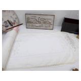 Decor Lot: Vintage/Antique Wash basin, wooden crate doilies and table runners and more