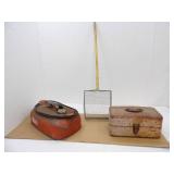 Vintage Johnson boat gas can , Metal tool case, wire Basket scoop