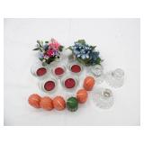 Crystal Candlestick Holders (3ct); Glass Votive Candle Holders, Votive Candles & Tea Lights (NEW) and Artificial Flowers