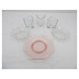 Vintage Heisey Octagon Pink Depression Glass Plate, 3ct Libbey Votive Candle Holders, Vintage Federal Glass Petal Bowls 2ct
