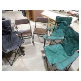 2 Brown Folding Chairs & 3 Camp Chairs