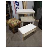 Vintage Padded Ottoman, White Pressed Wood Shoe Rack, 2 wooden side tables