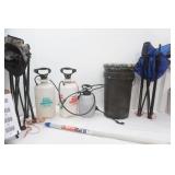 Hunting Bucket with Padded Seat, 2 Camp Chairs, 3 garden sprayers, 1 rifle cleaning tool