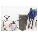 Hunting Bucket with Padded Seat, 2 Camp Chairs, 3 garden sprayers, 1 rifle cleaning tool