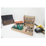 Electric Chain Saw, AIr Hose, Hardware, Vintage Tool Box, Variety of Tools, Vintage Glass Insulators