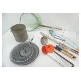 Vintage fishing jig sticks, net minnow bucket