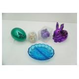 Department 56 Metallic Rabbit Figurines, Vintage Indiana Glass Blue Divided Relish Dish and more