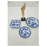 Nabeshima Ware Porcelain Dishes & Asian Carved Figurine 8" tall