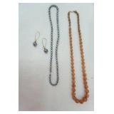 Jewelry Lot: Black Freshwater Pearl Necklace & Earrings; Amber Colored Graduated Bead Necklace w/10K Clasp