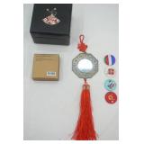 Chinese Feng Shui Bagua Mirror w/red tassel and decorative pins