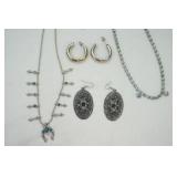 Jewelry Lot: Silver Toned Earrings and Necklace, Rhinestone Necklace
