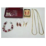 Gold-Toned Necklaces & Red & Silver-Toned Charm Beaded Bracelet, Earrings