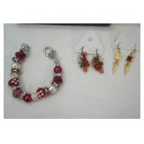 Gold-Toned Necklaces & Red & Silver-Toned Charm Beaded Bracelet, Earrings