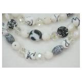 Vintage Glass White/Black Beaded Necklace with Clip Earrings
