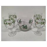 Indiana Glass Holly Berry Serving Bowl & Four Goblets