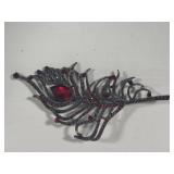 Red Rhinestone Peacock Feather Brooch