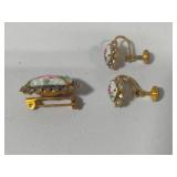 Pink Rose Guilloche Enamel Floral Brooch & Earring Set