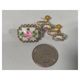 Pink Rose Guilloche Enamel Floral Brooch & Earring Set