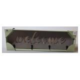 Willow Spring Grey Welcome Sign carved in cursive with black hooks 19 in X 6