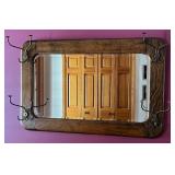Antique Mirror - Dark Wood Frame with Integrated Coat / Hat Hooks