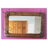 Antique Mirror - Dark Wood Frame with Integrated Coat / Hat Hooks