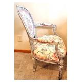 Armchair & Floor Lamp - Floral Upholstery, Distressed Pale Gray Frame
