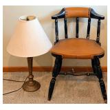 Chair & Table Lamp - Vintage Black Wood Chair with Leather Seat; Table Lamp with Bronze-Toned Base and Beige Shade
