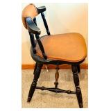 Chair & Table Lamp - Vintage Black Wood Chair with Leather Seat; Table Lamp with Bronze-Toned Base and Beige Shade