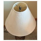 Chair & Table Lamp - Vintage Black Wood Chair with Leather Seat; Table Lamp with Bronze-Toned Base and Beige Shade