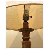 Chair & Table Lamp - Vintage Black Wood Chair with Leather Seat; Table Lamp with Bronze-Toned Base and Beige Shade